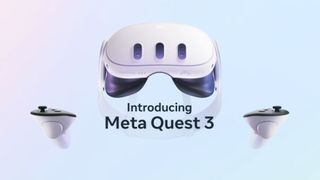 Meta Quest 3 mot en pastellfarget bakgrunn.