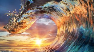 An ocean wave crashing with the sun shining behind it.