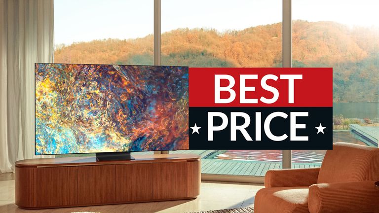 Samsung 8K TV Black Friday deal image, showing a TV in a living room, with sign saying 'best price'