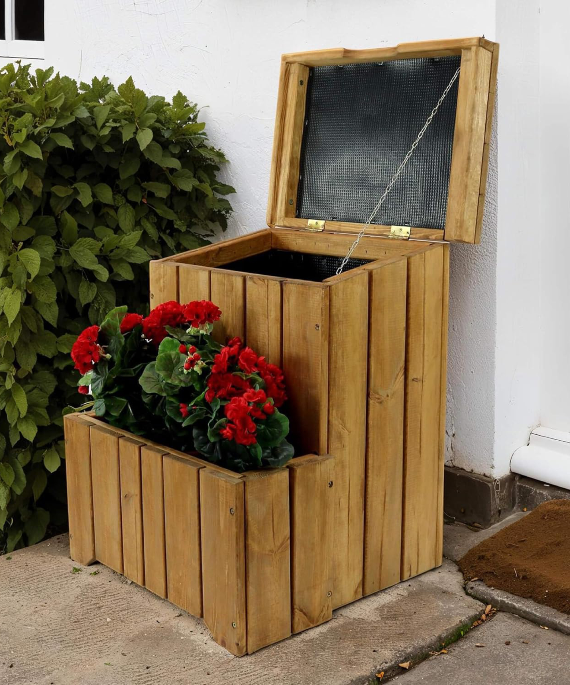 wooden storage unit outside front door with enclosed storage for parcels and integrated planter to front