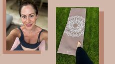 Anna Bartter doing Pilates in perimenopause at home in garden with selfie and yoga mat