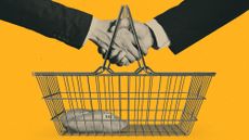 Illustration of politician's hands shaking through the handles of a supermarket basket