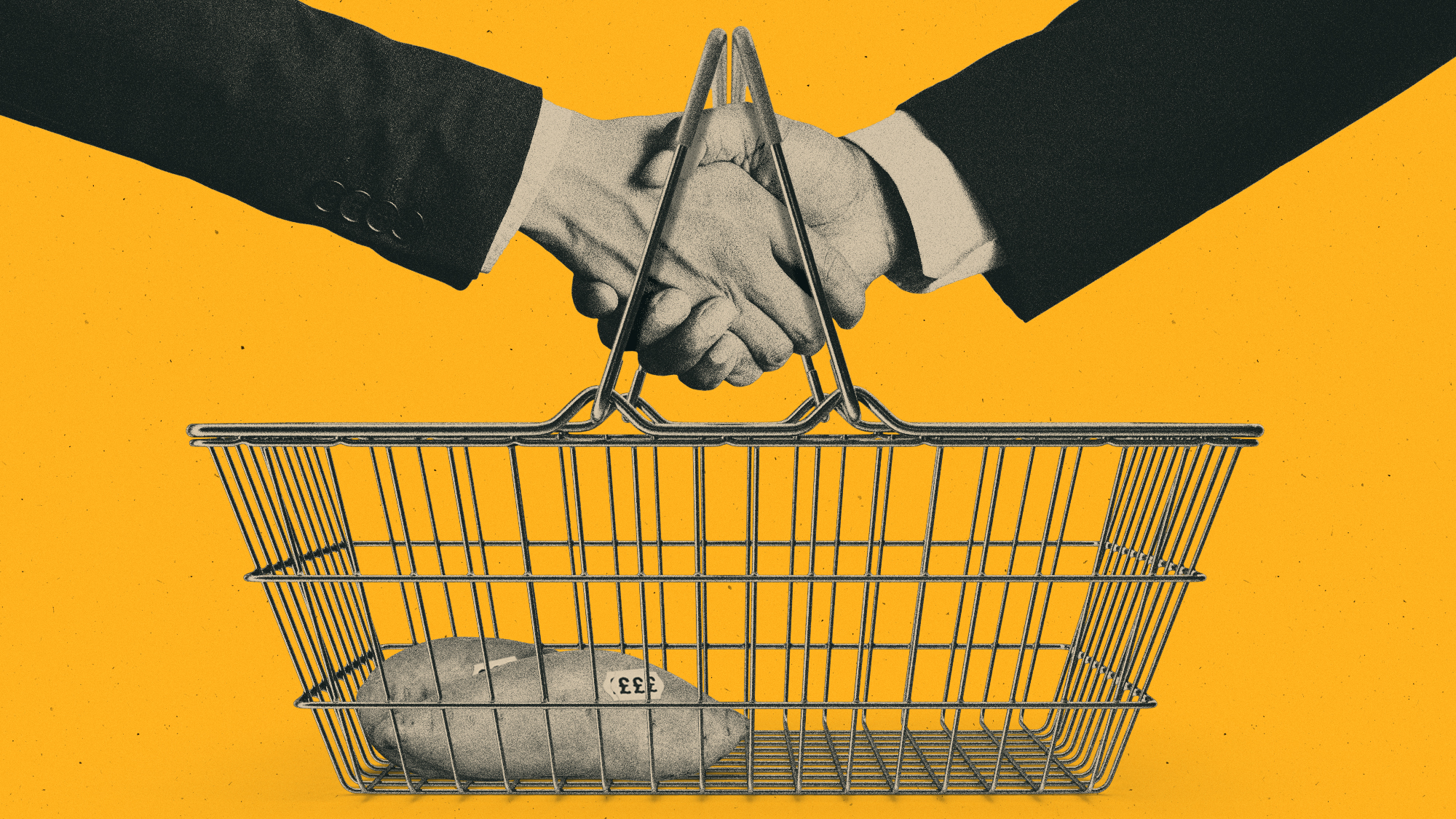 Illustration of politician's hands shaking through the handles of a supermarket basket