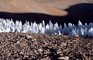 Penitentes forming at the southern end of the Chajnator plain in Chile reach a few feet in height, but are made through the same process of sublimation as Pluto's methane spikes.