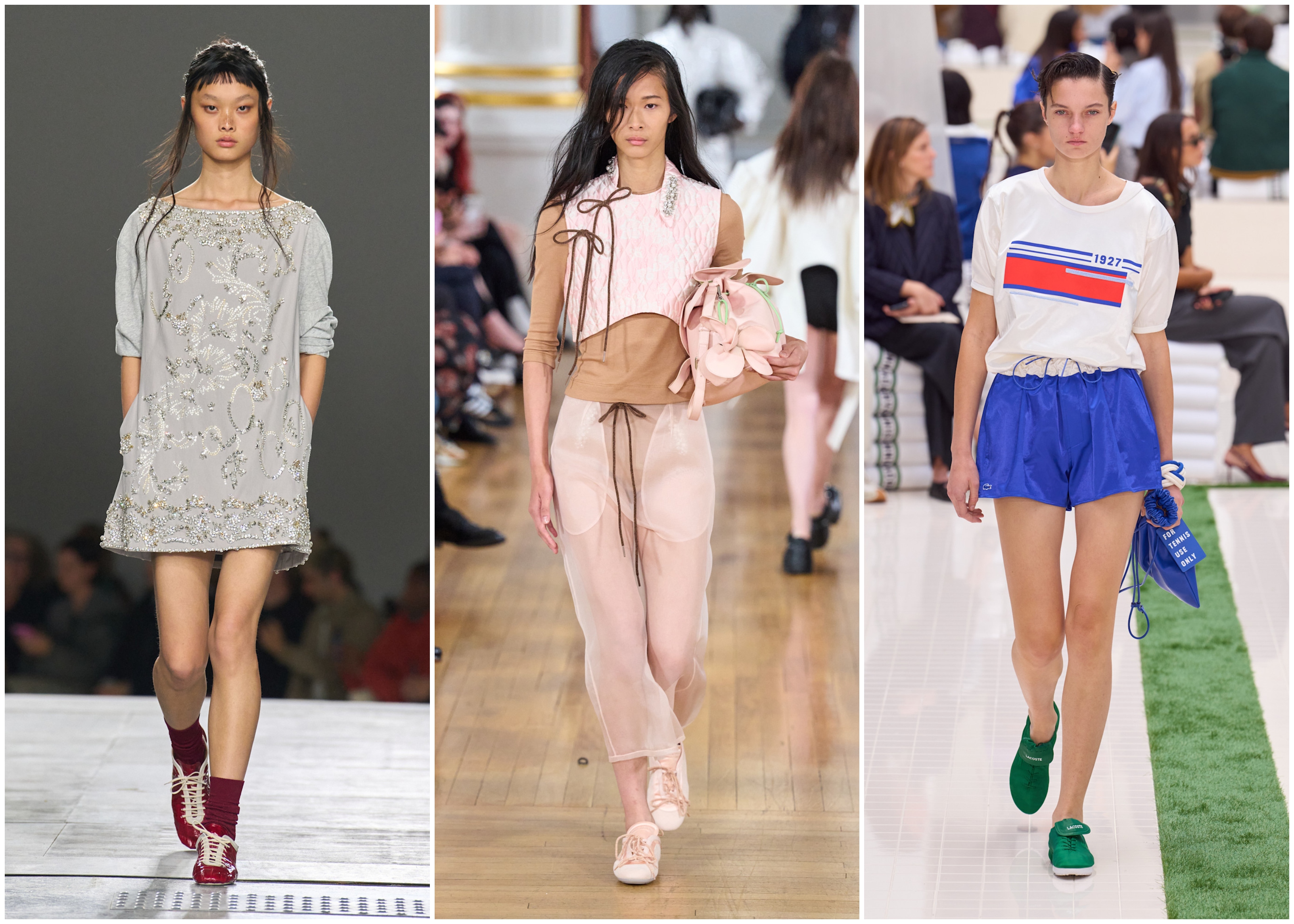 collage of slim sneakers on the runways of dries van noten, simone rocha, and lacoste