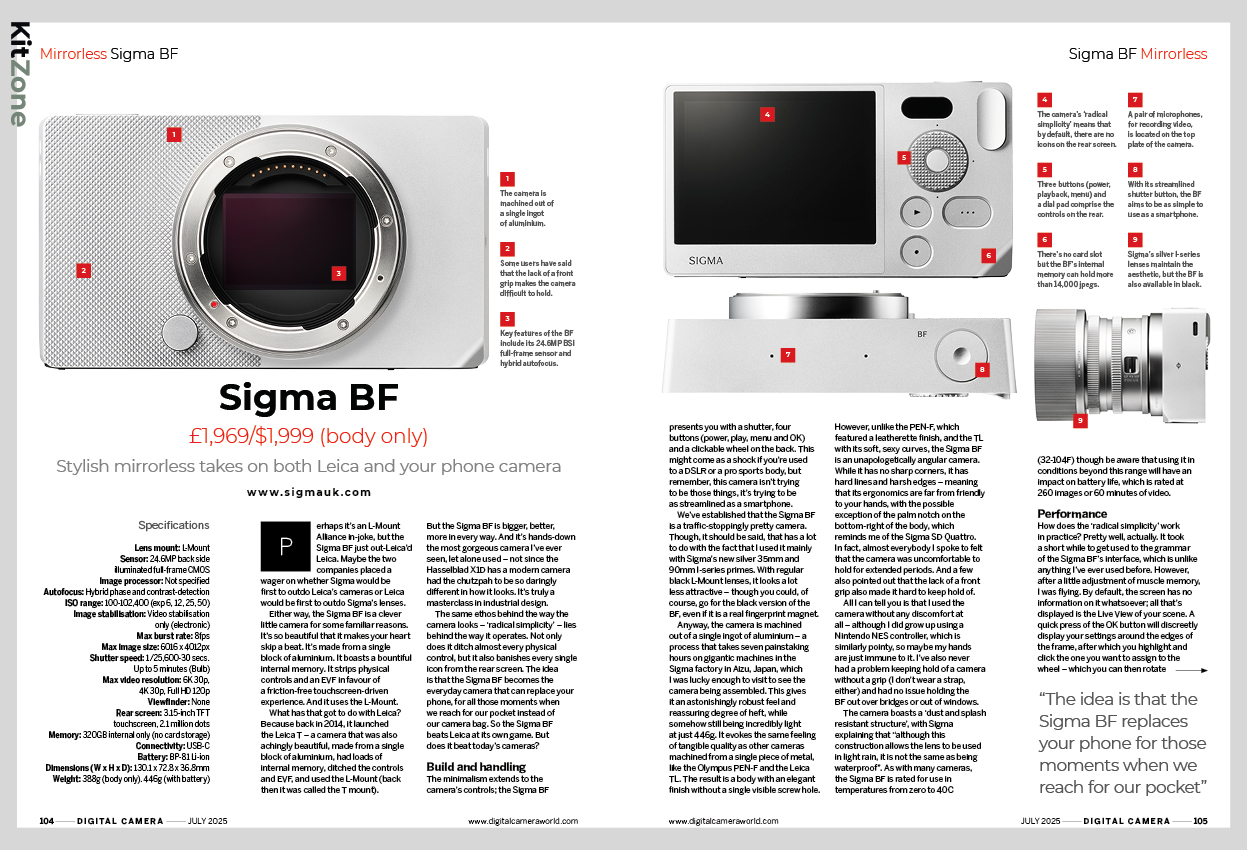 Image showing the first two pages of the Sigma BF camera review, in issue 296 (July 2025) of Digital Camera magazine