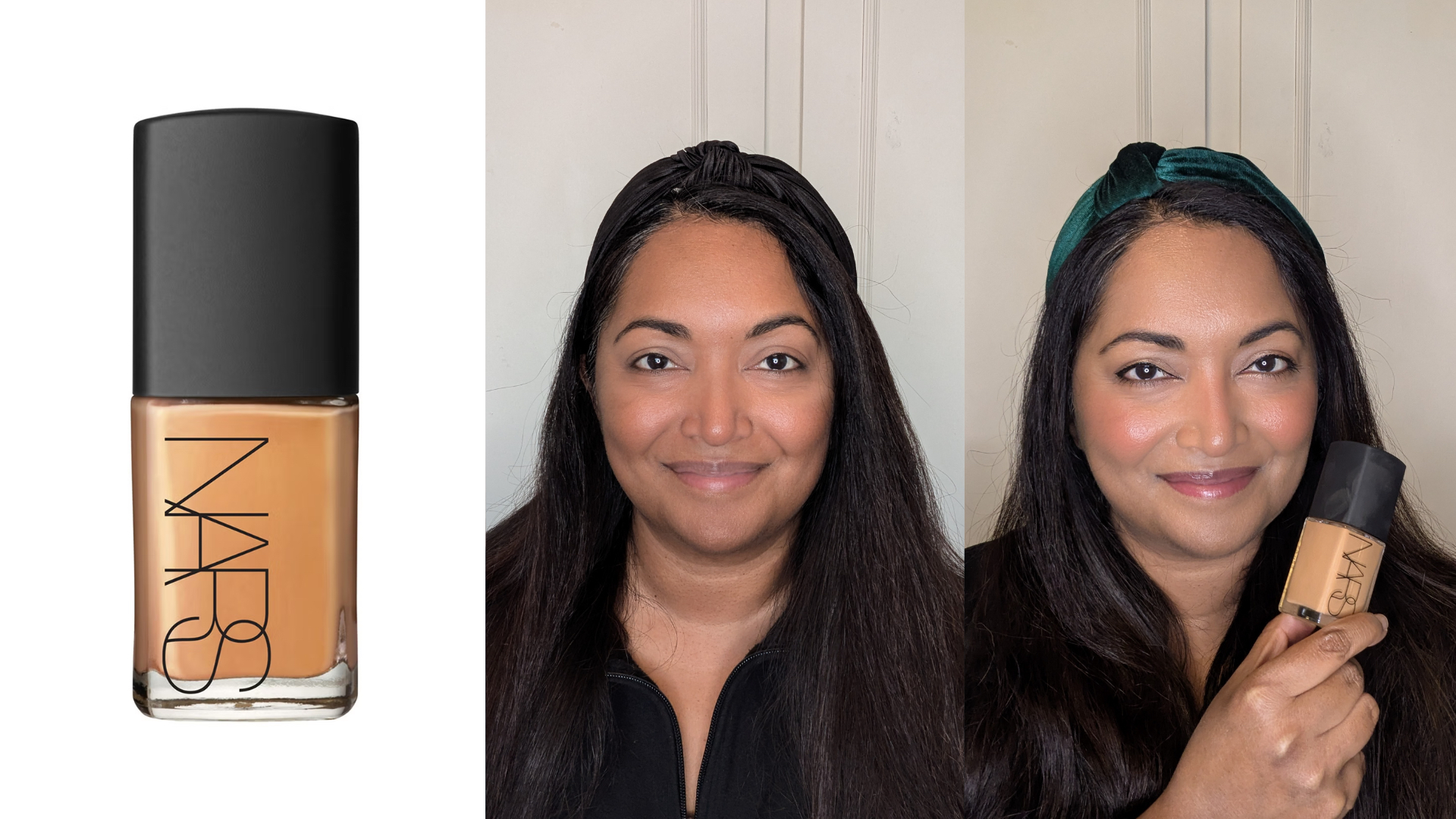 Collage of the NARS Sheer Glow Foundation (left) and Ayesha before and after applying the foundation (centre and right)