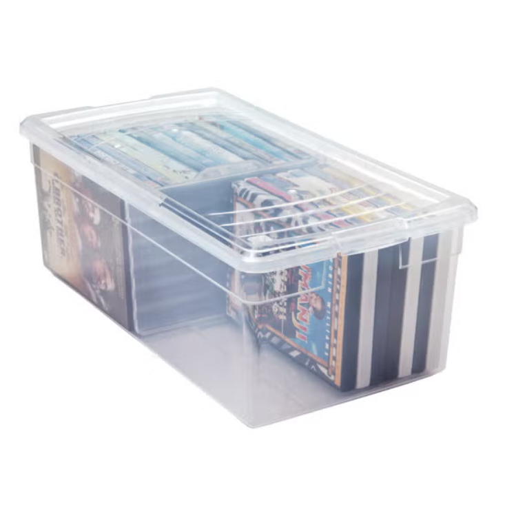 a stock photo of a small clear storage container filled nearly full with assorted DVDs stood on their sides