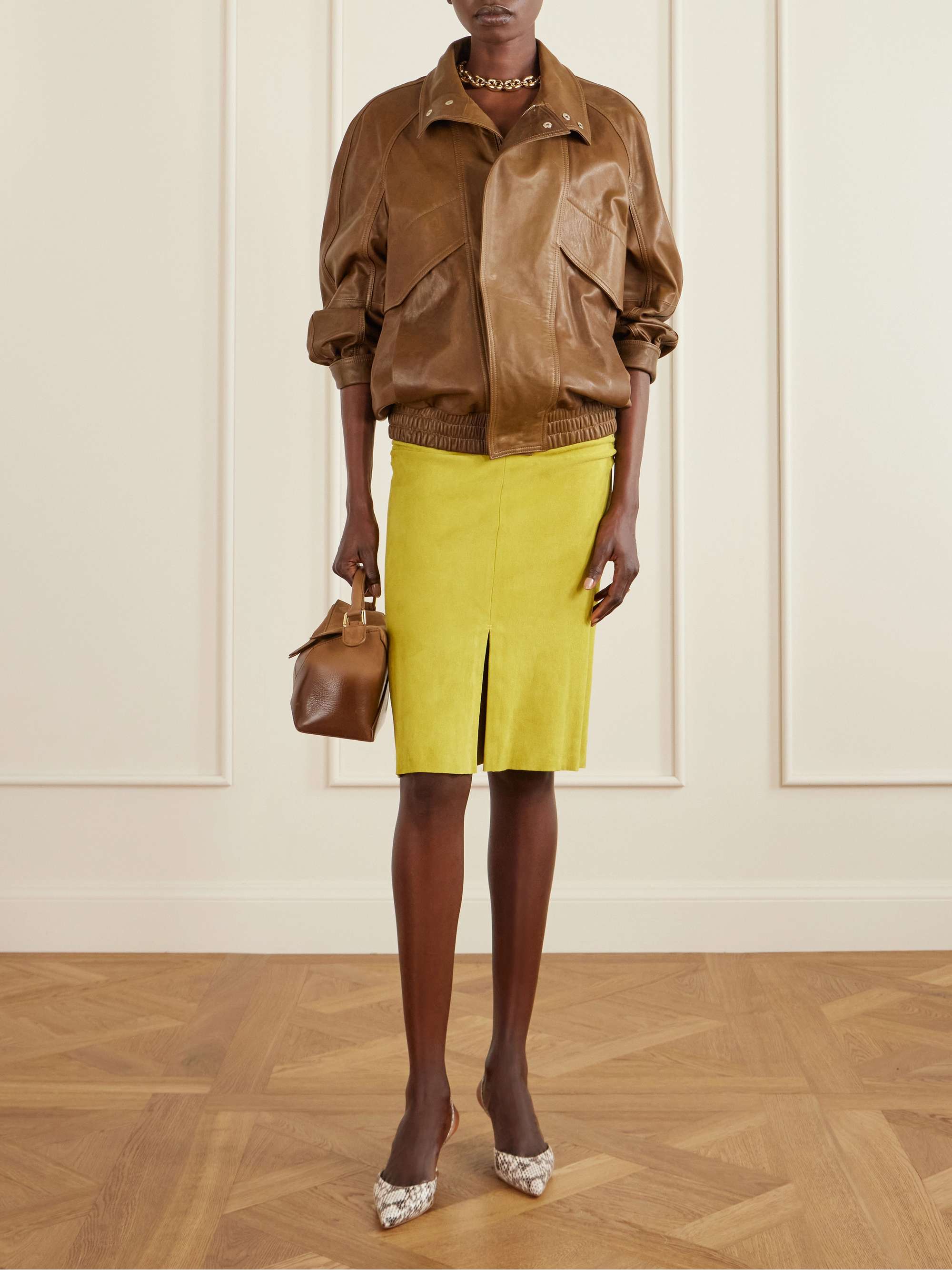 Ooma Ruched Suede Midi Skirt