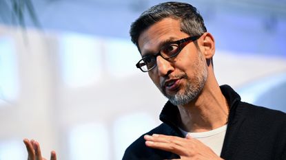 Google and Alphabet CEO Sundar Pichai pictured speaking on stage at the Bloomberg Tech conference in San Francisco, California, US.