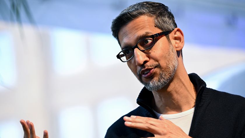 Google and Alphabet CEO Sundar Pichai pictured speaking on stage at the Bloomberg Tech conference in San Francisco, California, US.