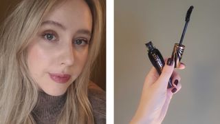 On the left, is a picture of Digital Beauty Writer, Naomi Jamieson wearing the the Charlotte Tilbury Exaggereyes mascara on her lashes and on the right, her holding the tube and brush in front of a green background