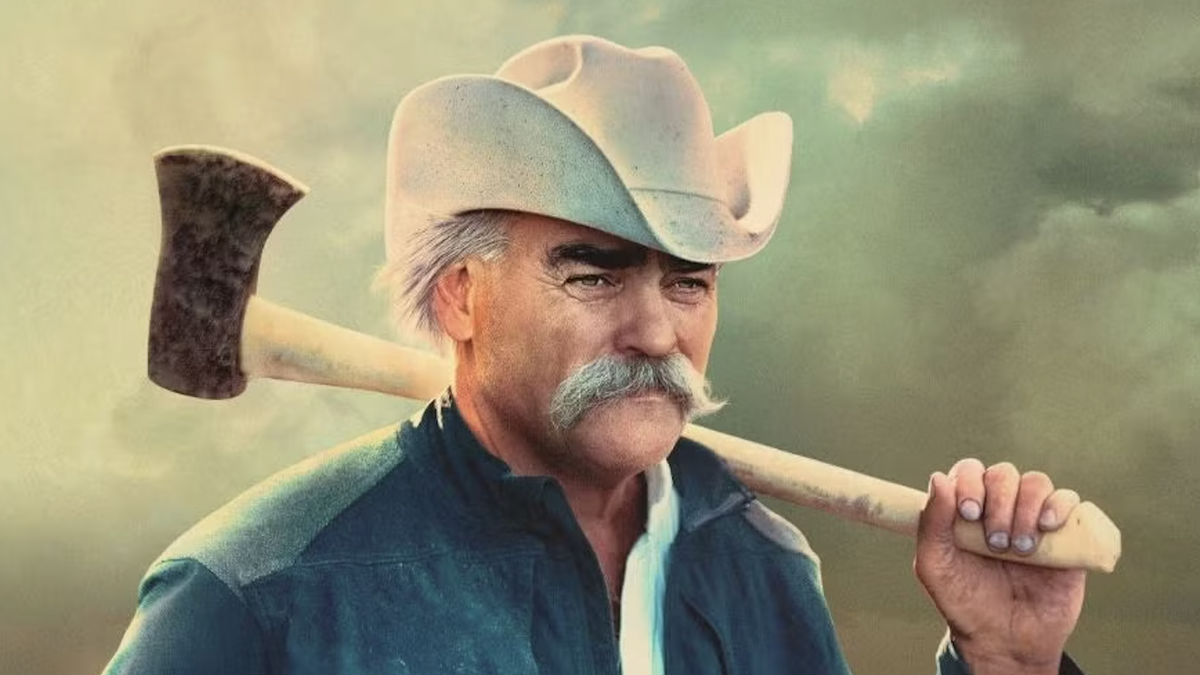 Marty Raney, wearing white western hat and carrying axe over his shoulder, in a still from Homestead Rescue season 12 TV show 2024