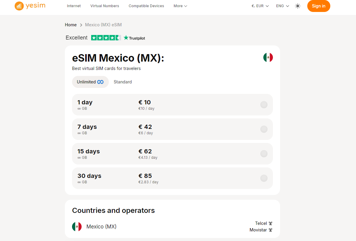 Yesim Mexico landing page