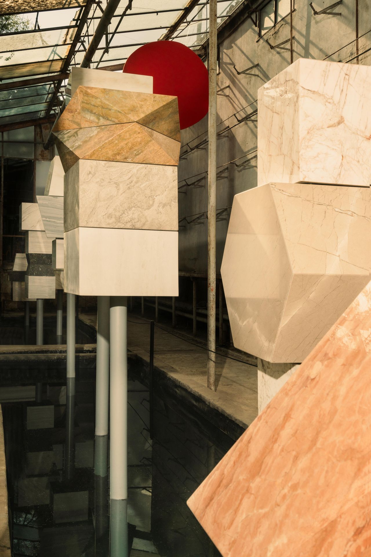 Sculptural Marble objects in abandoned glasshouse