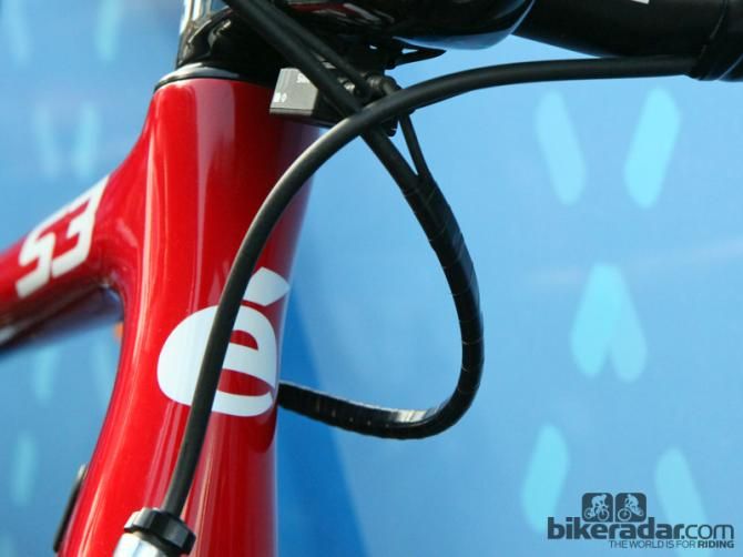 A generous wrap of electrical tape joins the Shimano Dura-Ace Di2 wire and rear brake housing together
