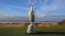 The Claret Jug is displayed during previews for The 151st Open Championship at Royal Liverpool Golf Club