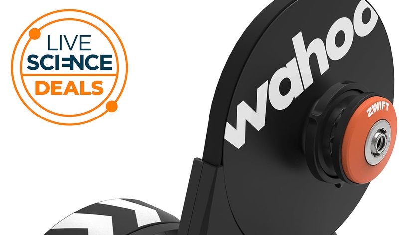 Close up details of the Wahoo Kickr Core 2 with Zwift Cog and Click and the Live Science deals logo