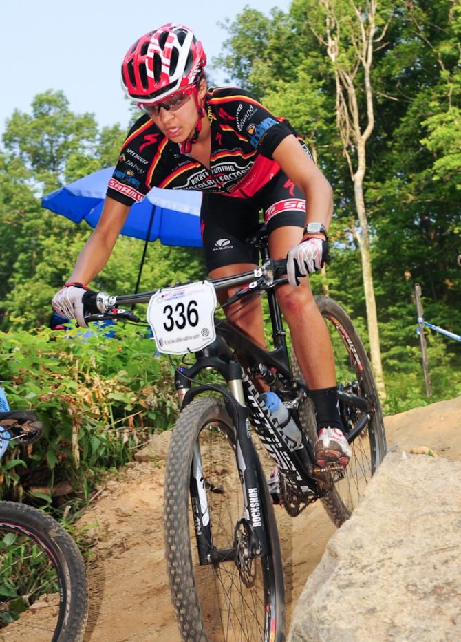 Kaylee Blevins (Rocky Mountain Chocolate) having to avoid a crashed rider on a steep chute