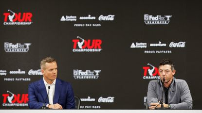 Mike McCarley, chief executive officer of TMRW Sports, left, and Rory McIlroy of Northern Ireland speak about the TGL golf league concept during a press conference 