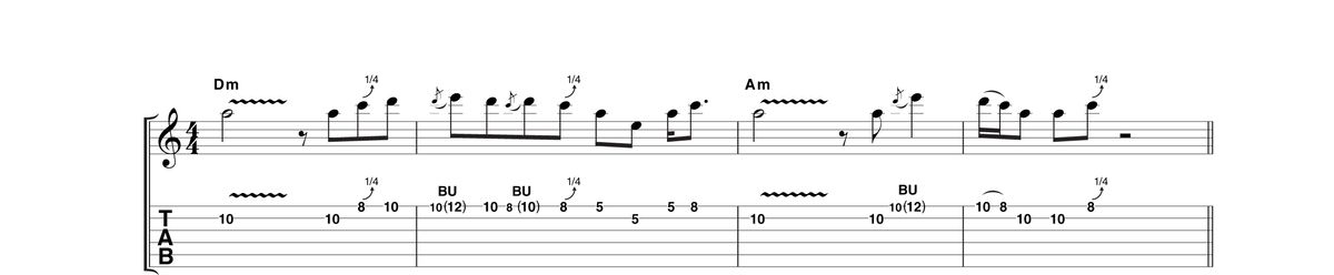 Example 4: As the chords from D minor back to A minor, we're using the second position of the A blues scale, with whole and quarter-tone bends in quick succession in bar two. This must be attacked with confidence or all is lost!