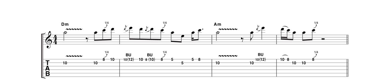 Example 4: As the chords from D minor back to A minor, we're using the second position of the A blues scale, with whole and quarter-tone bends in quick succession in bar two. This must be attacked with confidence or all is lost!