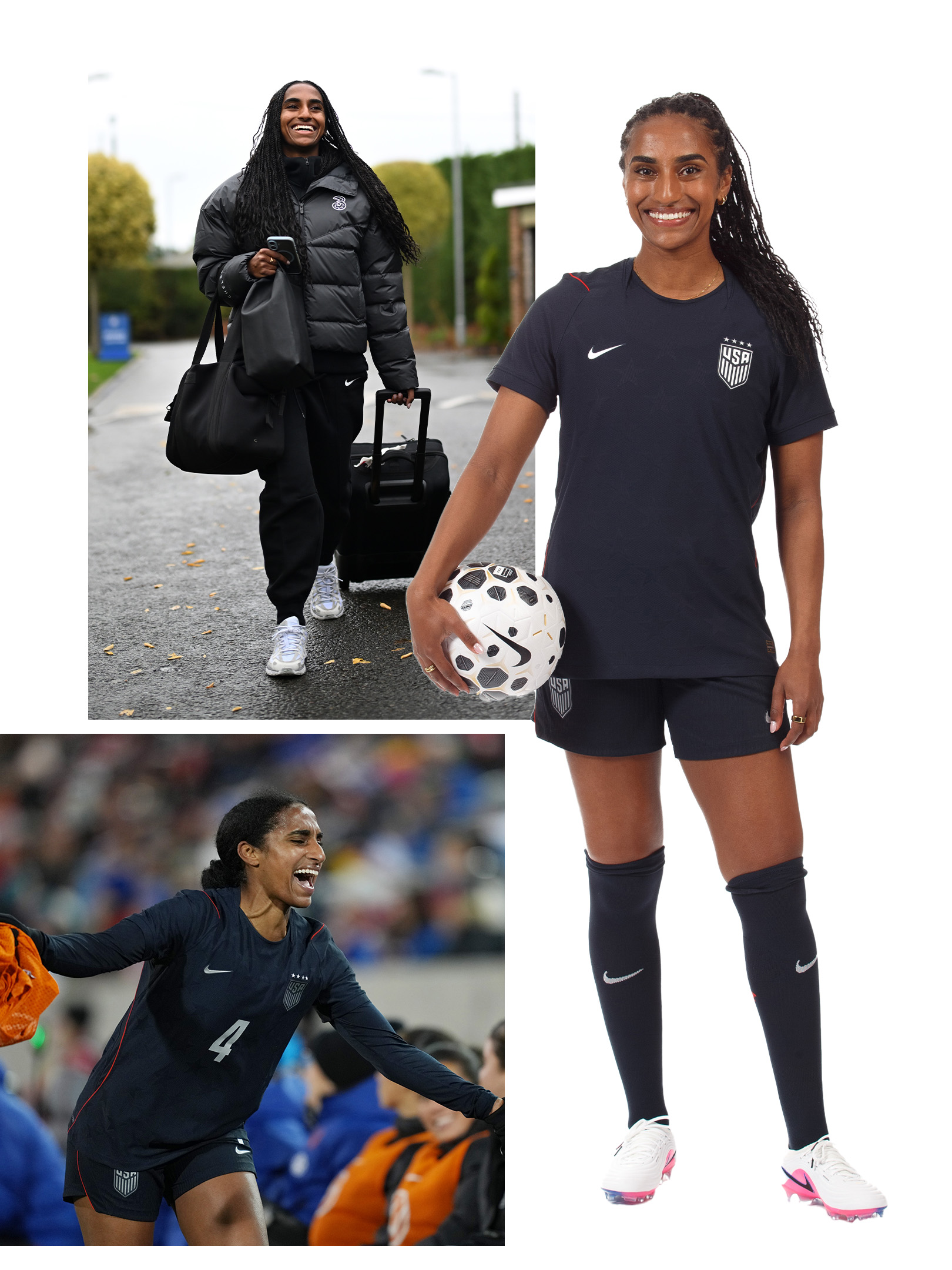 A collage of photos of professional soccer player Naomi Girma.