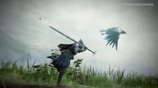 a warrior with a huge broadsword runs alongside a flying creature