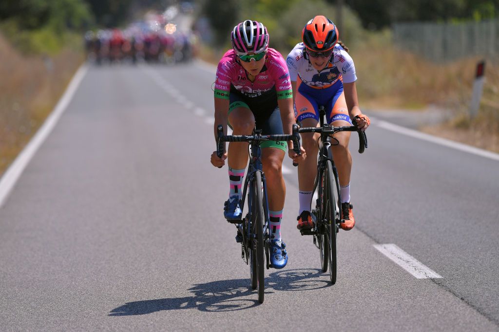 SIENA ITALY AUGUST 01 Melissa Van Neck of Czech Republic and Team Bepink Giorgia Vettorello of Italy and Team Top Girls Fassa Bortolo during the Eroica 6th Strade Bianche 2020 Women Elite a 136km race from Siena to Siena Piazza del Campo StradeBianche on August 01 2020 in Siena Italy Photo by Luc ClaessenGetty Images