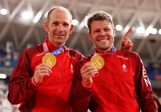 Michael Morkov and Lasse Norman Hansen show off their gold medals