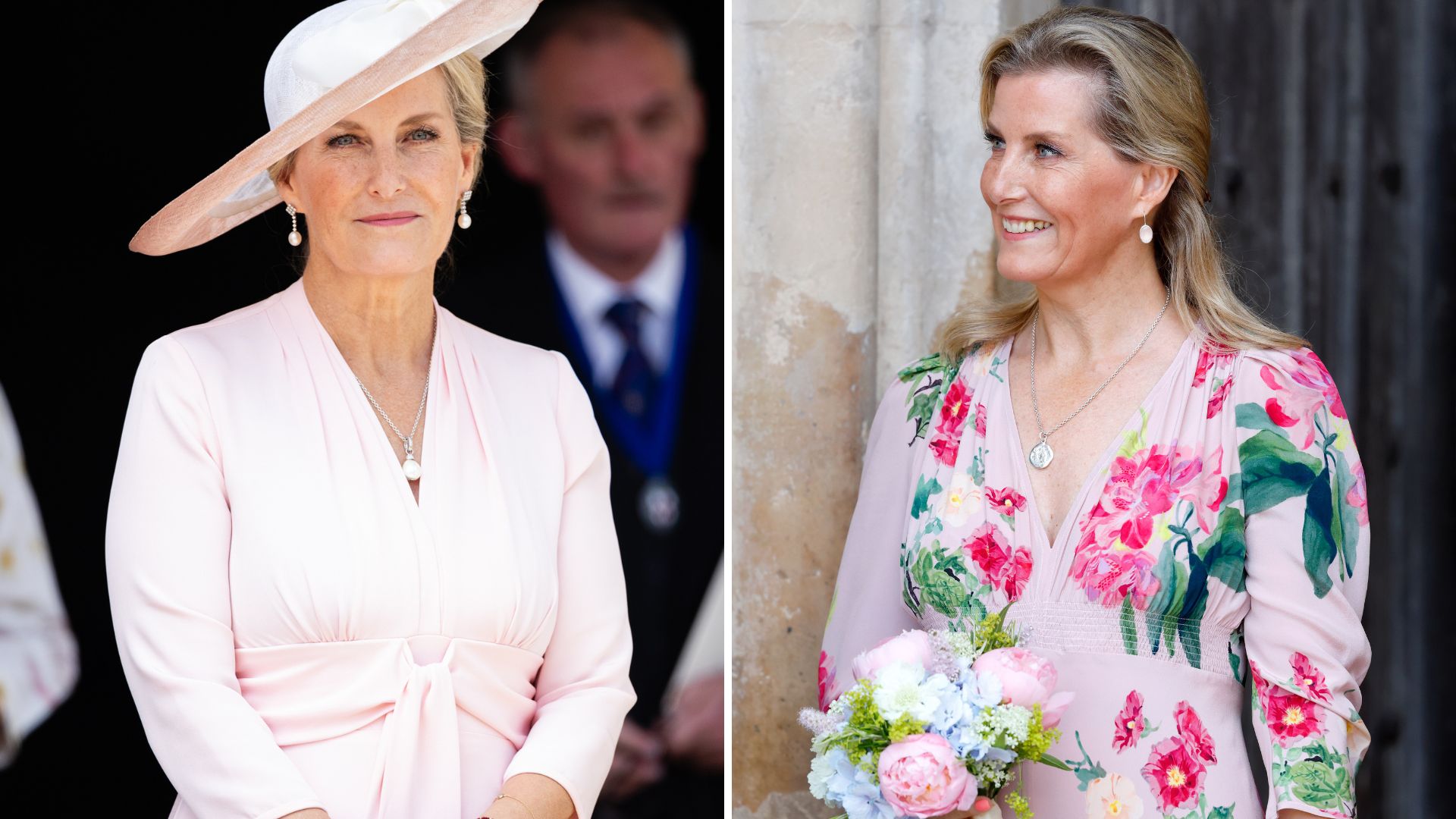 A composite of two pictures of Duchess Sophie wearing pastel pink outfits, one in June 2025 and the other in July 2023