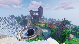 Minecraft mods - a castle, meteor, and windmill power dominate the landscape in MC Eternal