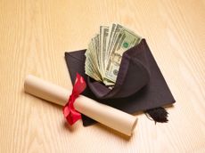 Rolled diploma and mortar board with US banknotes inside, studio shot