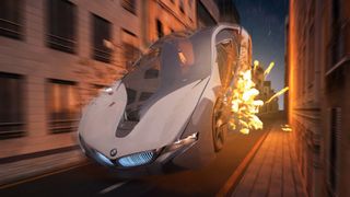 Fast moving sci-fi vehicle exploding in the street, as part of one of the best Maya tutorials