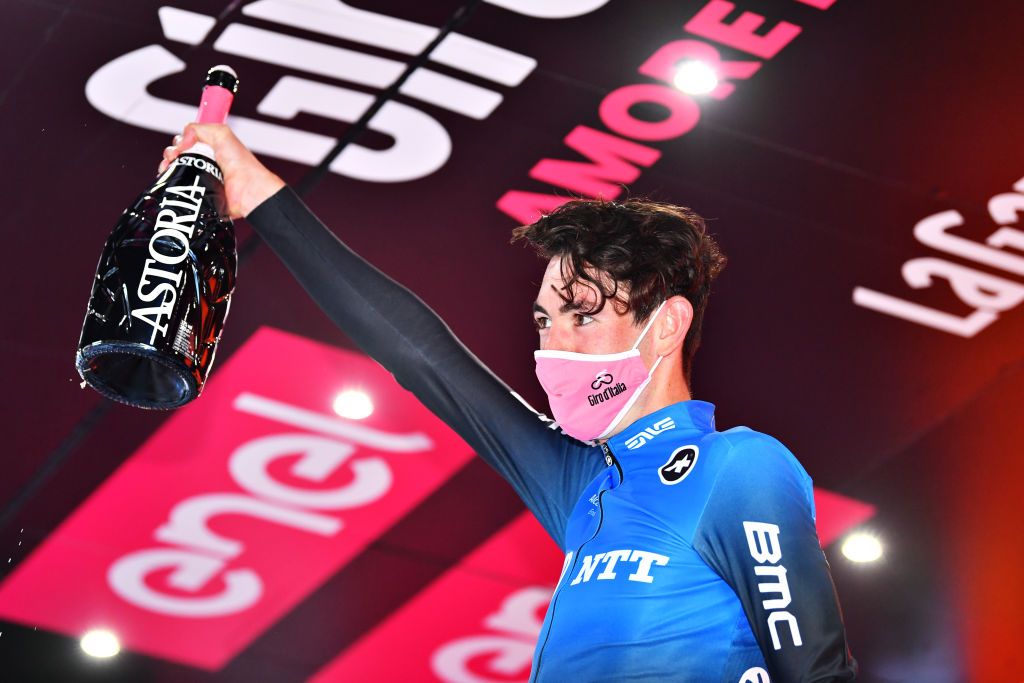 NTT&#039;s Ben O&#039;Connor celebrates his victory on stage 17 of the 2020 Giro d&#039;Italia