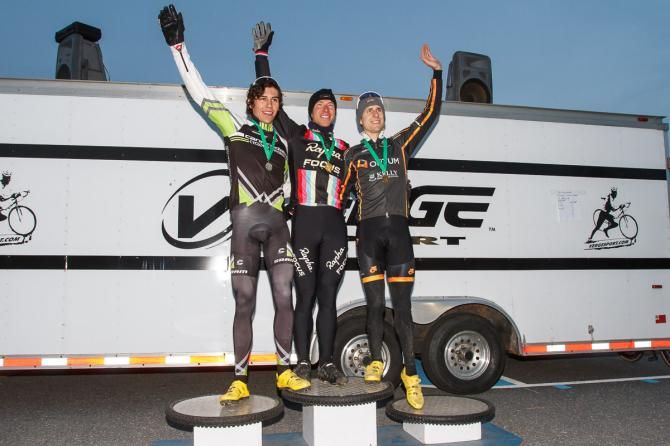 The Elite men's podium for day one of Baystate CX: Durrin third, White second, and Powers with the win