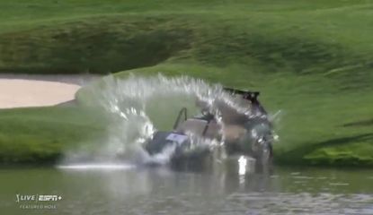 A golf cart crashes into the water