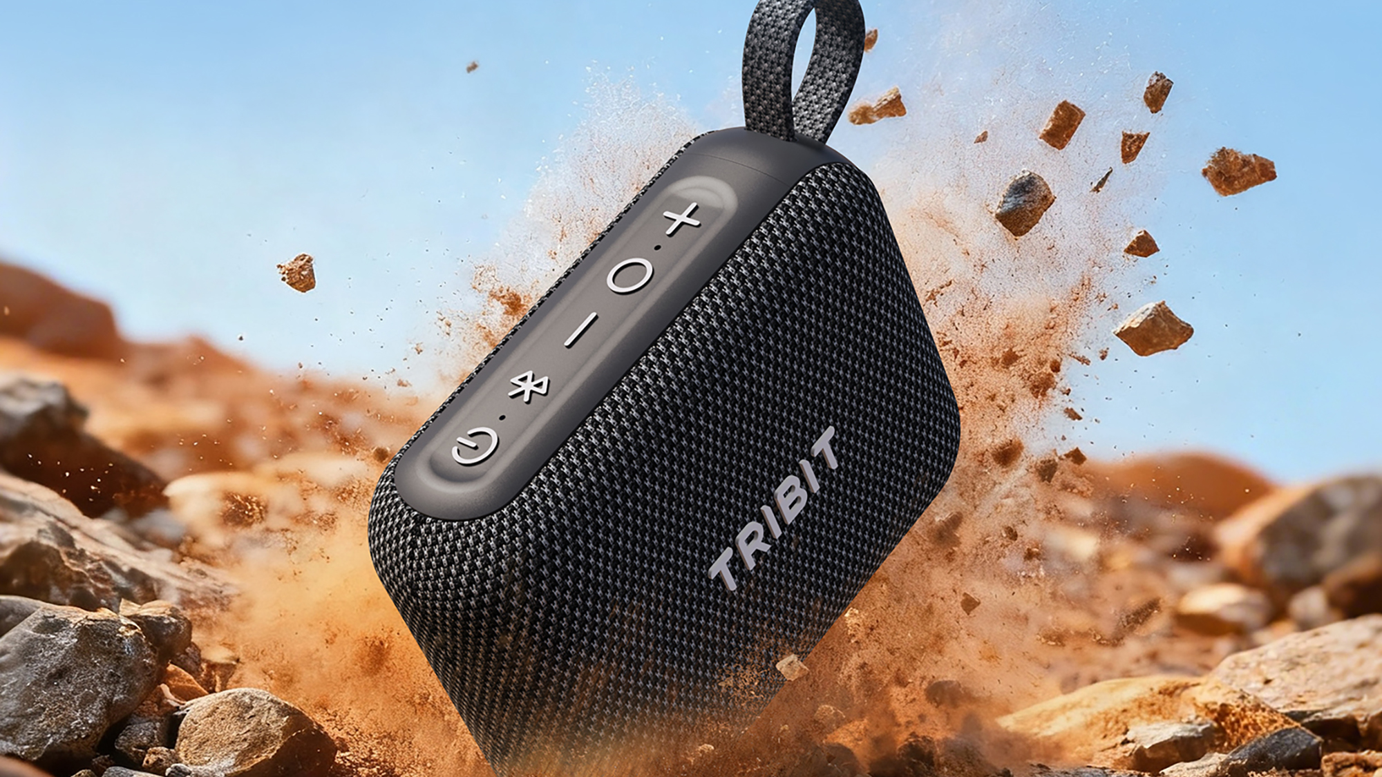 A rendered image of the Tribit PocketGo landing dramatically on dusty ground