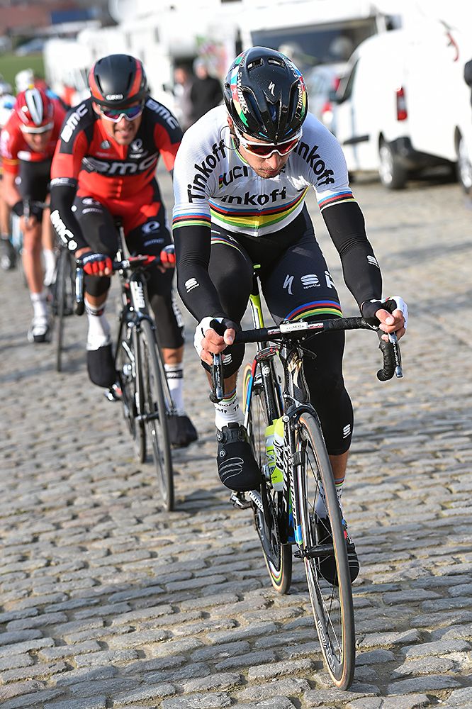 Peter Sagan (Tinkoff) pushes over the cobbles at Omloop Het Nieuwsblad