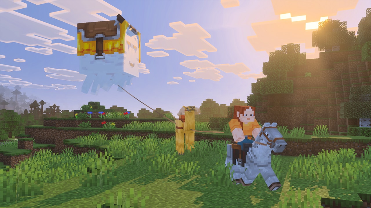 Minecraft screenshot showing player character on a horse as a ghast follows
