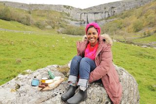 Remarkable Places to Eat Season 3 - Nadiya Hussain at Malham Cove in episode one in Yorkshire