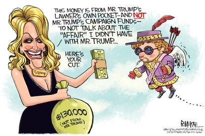 Political cartoon U.S. Trump affair allegations Stormy Daniels hush money