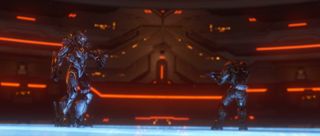 The Didact and Master Chief engaging one another on a hard light bridge above the Composer.