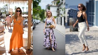 a composite of street style influencers wearing holiday outfit ideas for the pool