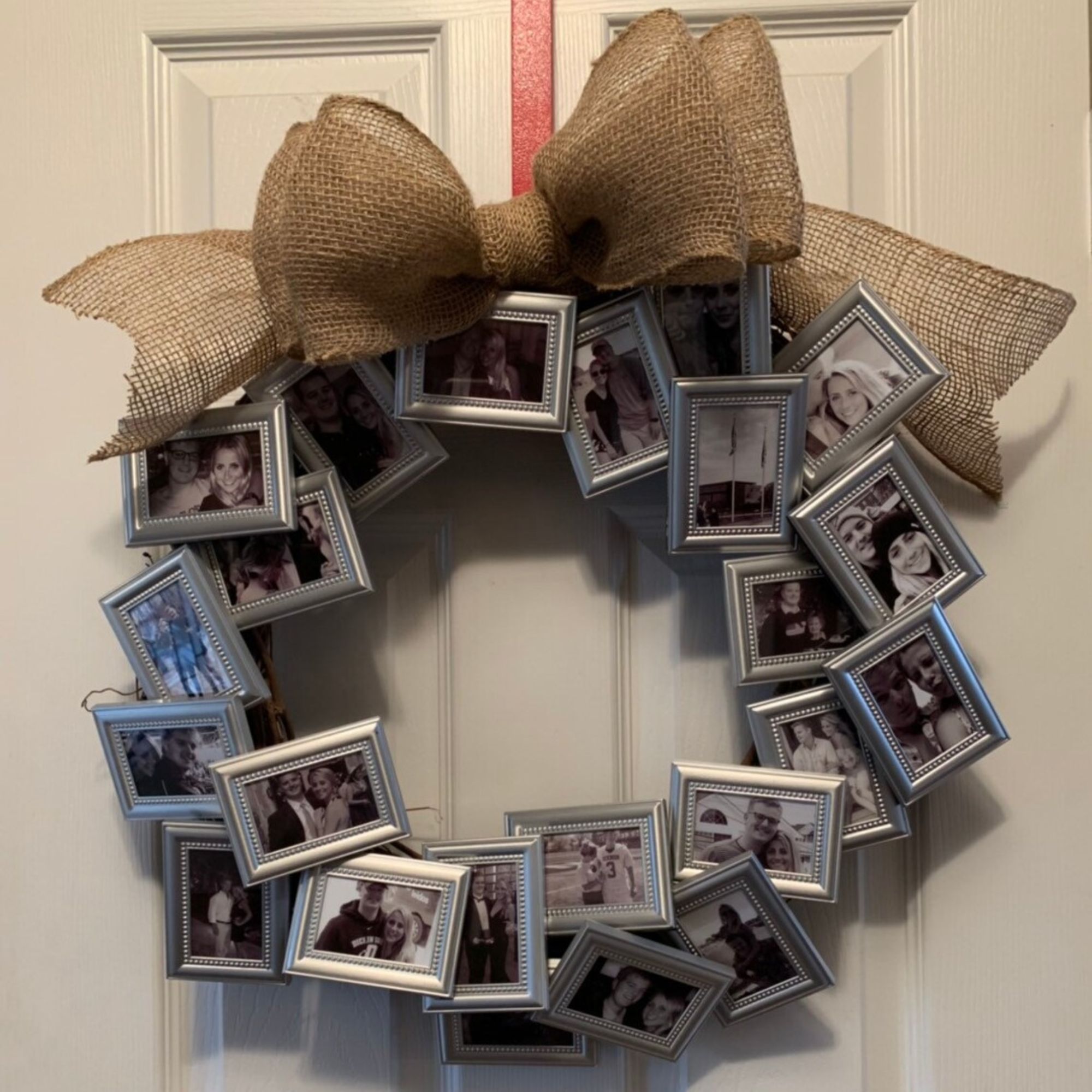 A christmas wreath crafted from photo frames