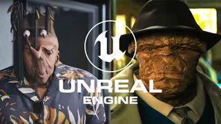 Unreal Engine logo and screenshots from MindsEye and Fantastic Four showing Unreal Engine 5 optimisation problems