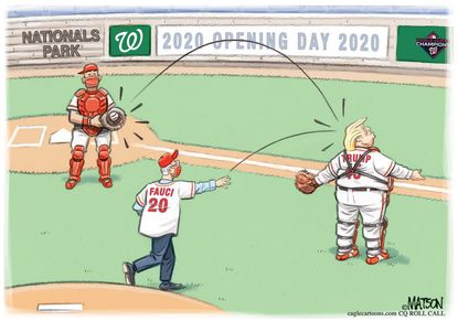 Political Cartoon U.S. Trump Fauci Nationals MLB opening day first pitch