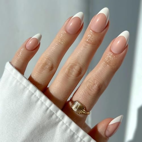 Glamnetic Press on Nails - Madamn | French Tip Fake Nails, Uv Finish Short Pointed Almond Shape, Reusable Semi-Transparent in 12 Sizes - 24 Nail Kit With Glue