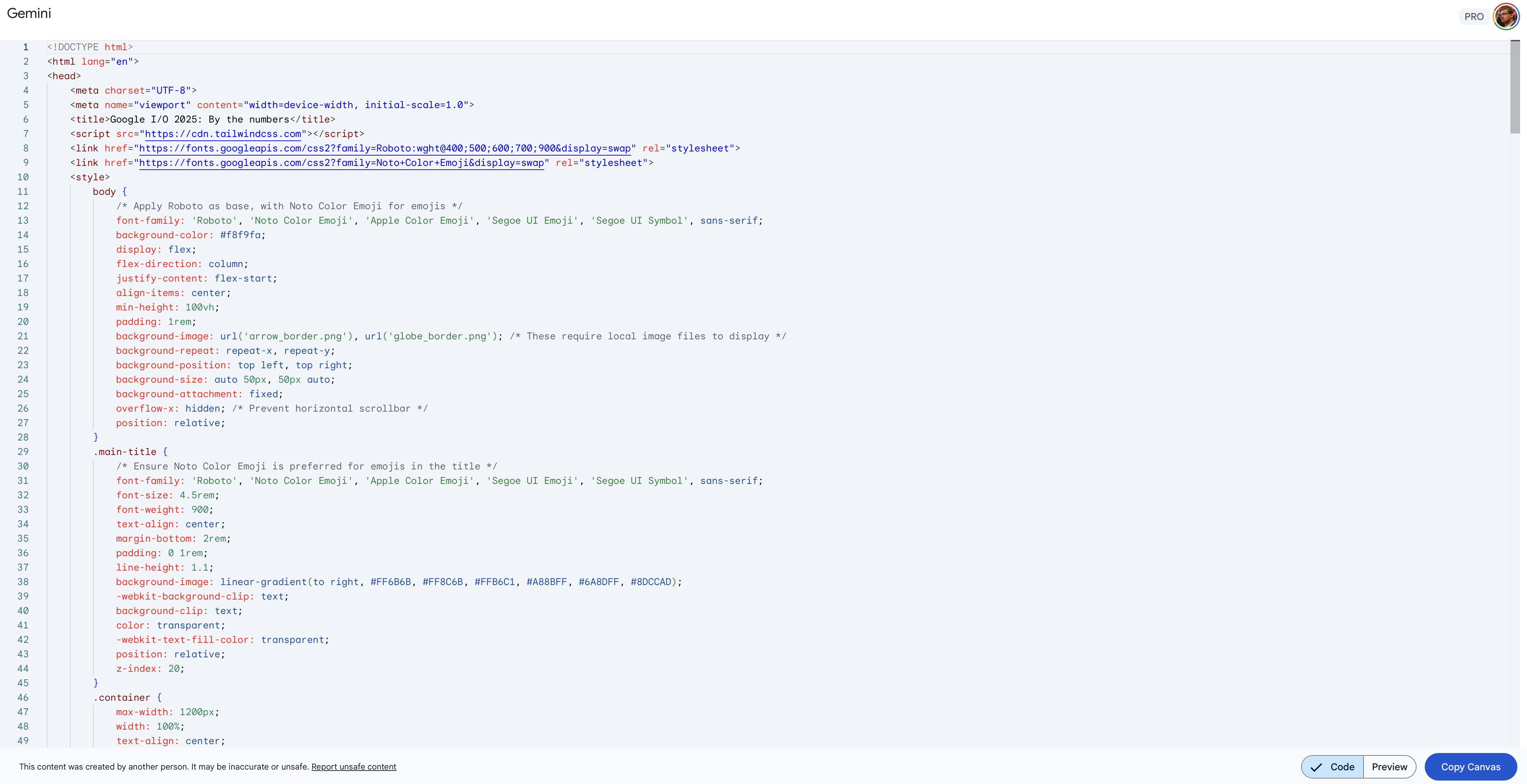 A screenshot of the Gemini web app for Google I/O highlights.