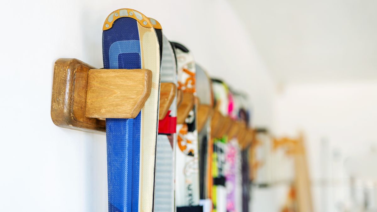 Skis hanging on a rack